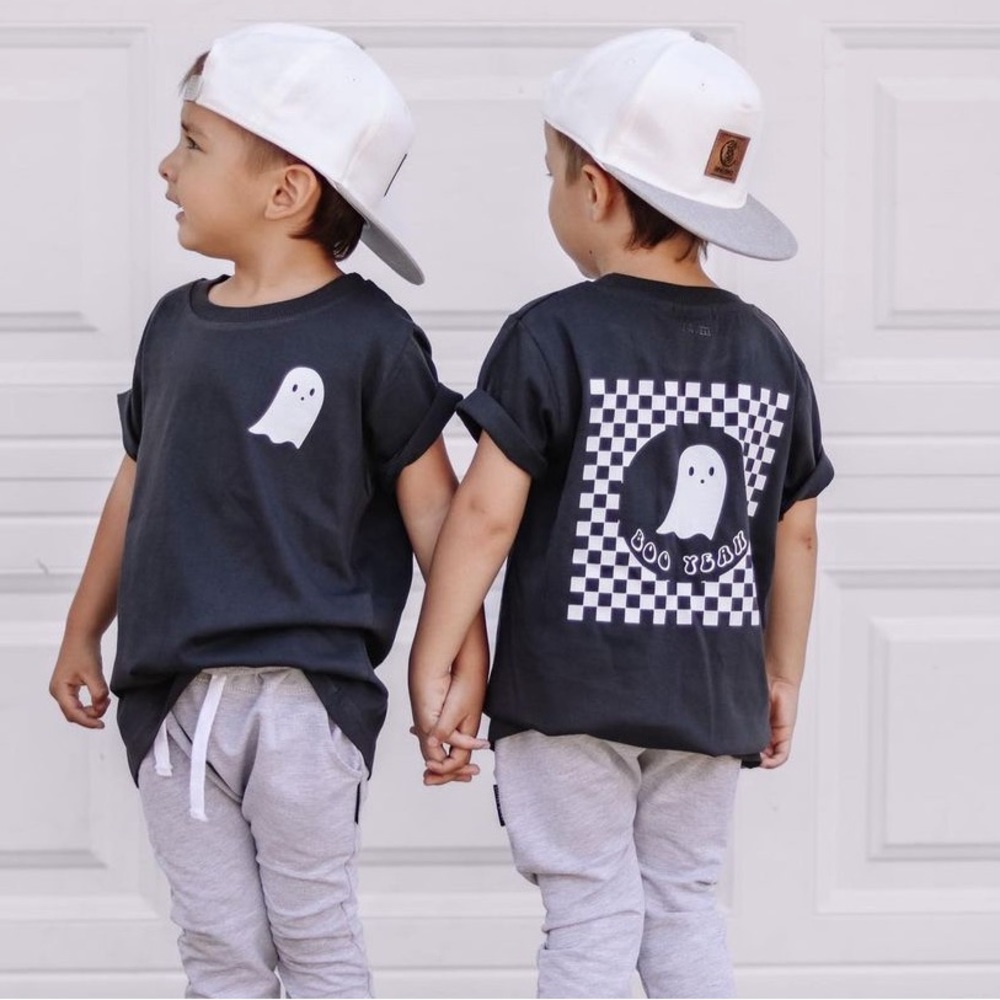 Made With Mercy Shop Boo Yeah Child Ribbed Neck Tee Checkered Ghost Halloween